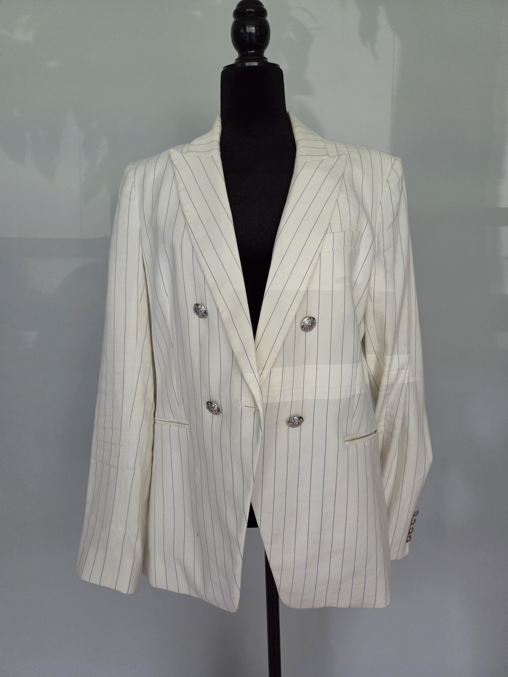 Veronica Beard Cream Pinstripe Double-Breasted Blazer with Silver Buttons